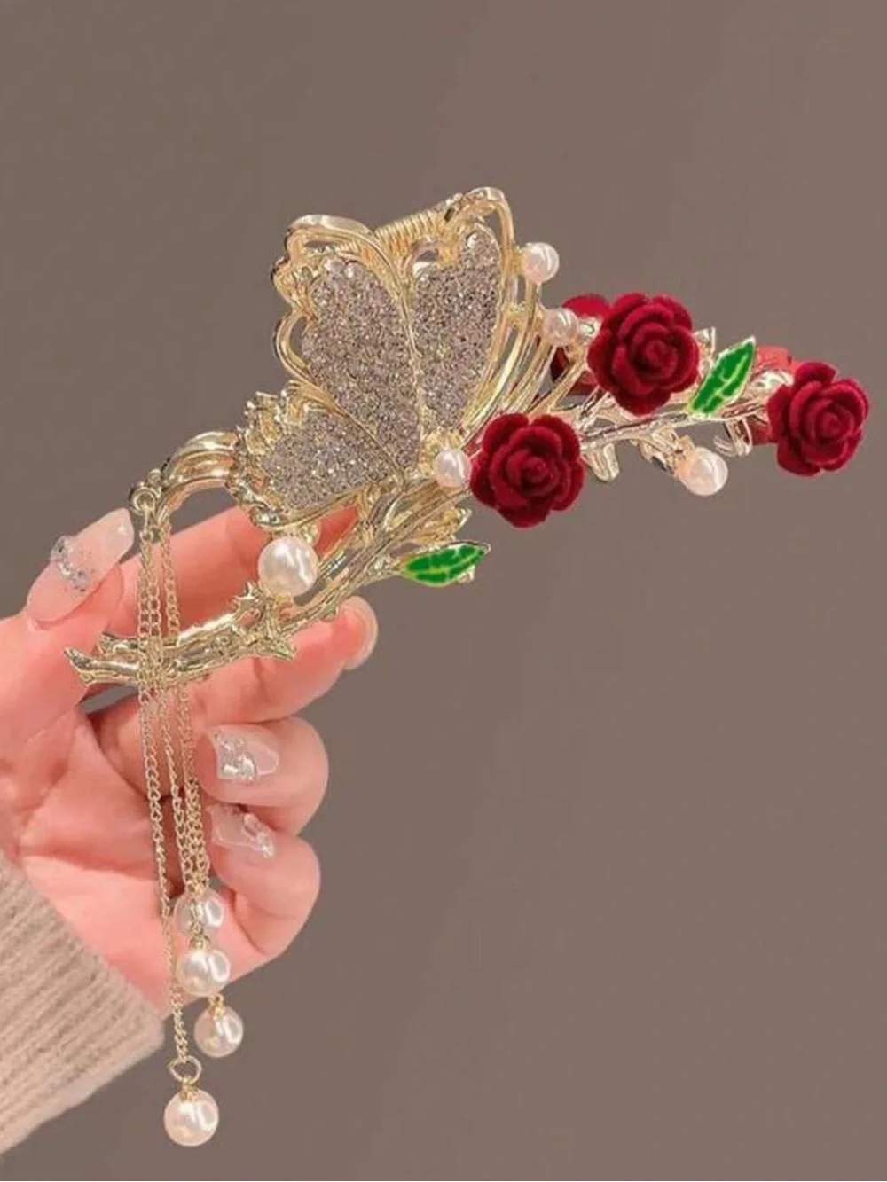 Gold Butterfly & Red Rose Hair Clip with Pearl Chains
